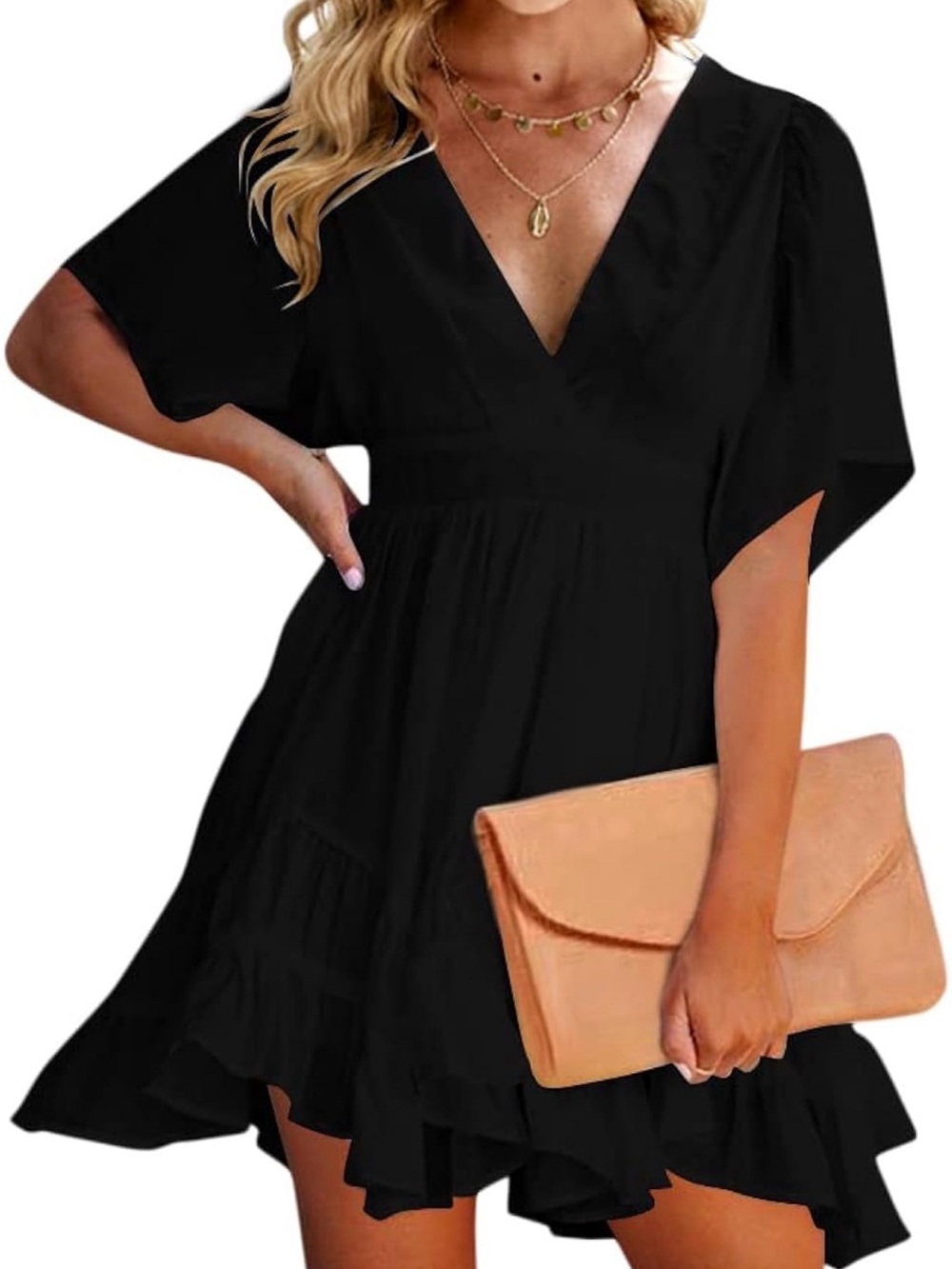 Women's Black V-Neck Ruffle Mini Dress